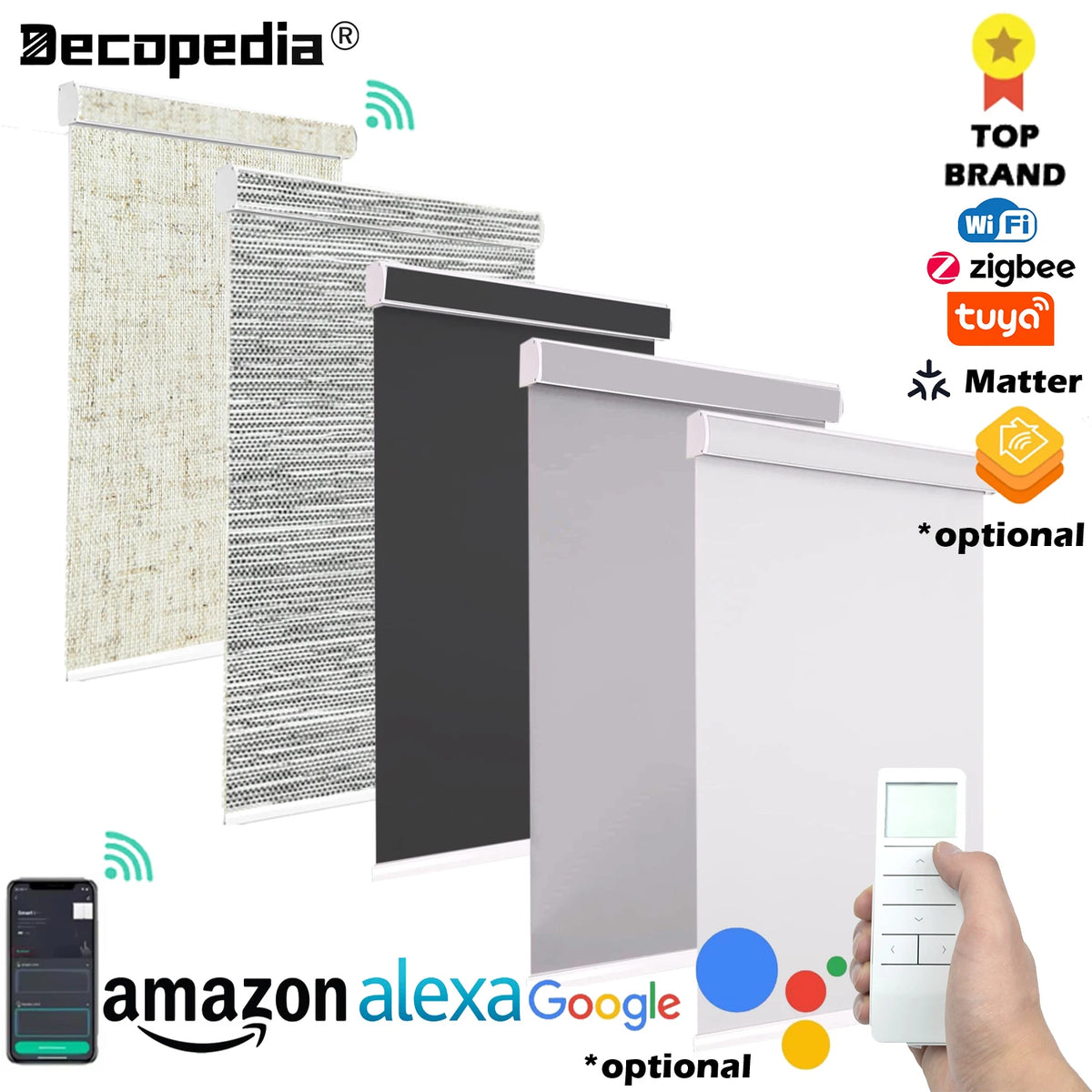 Decopedia Roller Blinds for Windows Motorized Cordless Smart Window Blinds Blackout Roller Day and Night Curtain for Living Room